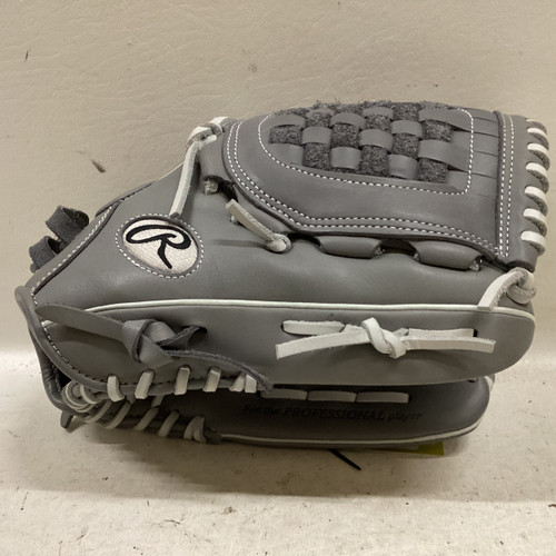 Vist Large View of Product Image Which is Used Rawlings GGEFP120BG RH Throw Fastpitch Gloves Grey 12"