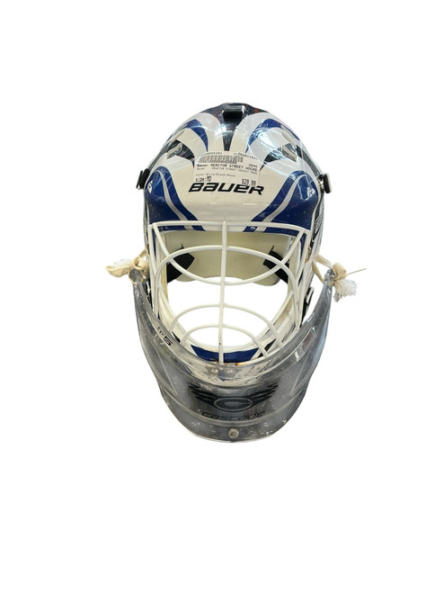 Vist Large View of Product Image Which is Used Bauer REACTOR STREET HOCKEY MASK St Hcky Goalie Helmet Yth White/Black/Royal MD