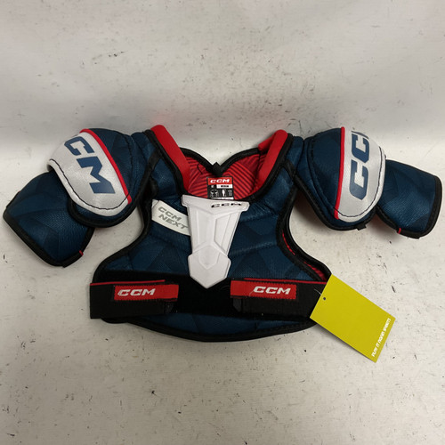 Vist Large View of Product Image Which is Used CCM NEXT Youth Shoulder Pads White/Red/Navy MD
