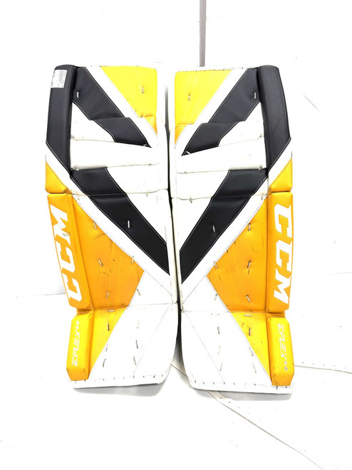 Vist Large View of Product Image Which is Used CCM EFLEX 5.9 Goalie Leg Pads Senior Yellow 34"