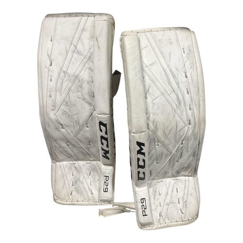 Vist Large View of Product Image Which is Used CCM P2.9 Goalie Leg Pads Senior White 30"