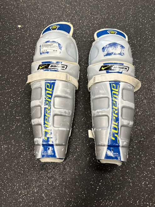 Vist Large View of Product Image Which is Used Bauer SUPREME 30 SHINS Senior Shin Guards Royal Blue And White 14"