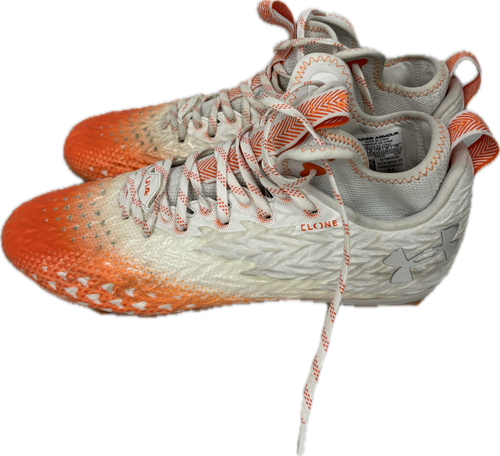 Vist Large View of Product Image Which is Used Under Armour Adult FB Cleats Orange And White Senior 11.5