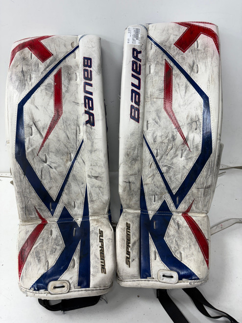 Vist Large View of Product Image Which is Used Bauer SUPREME ONE60 Goalie Leg Pads Junior White/Royal/Red 26"