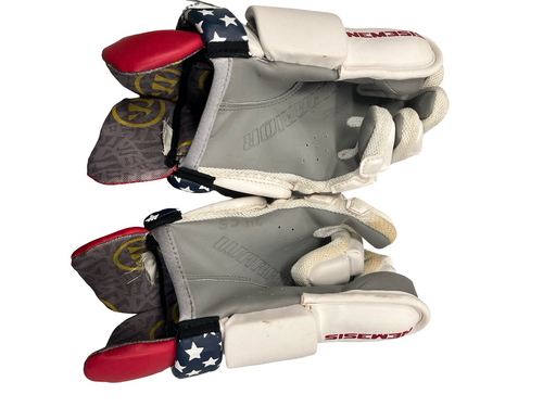 Vist Large View of Product Image Which is Used Warrior NEMESIS Lacrosse Gloves Mens White 12"