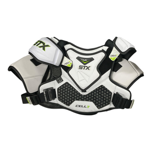 Vist Large View of Product Image Which is Used STX CELL VI Lacrosse Shoulder Pads White LG