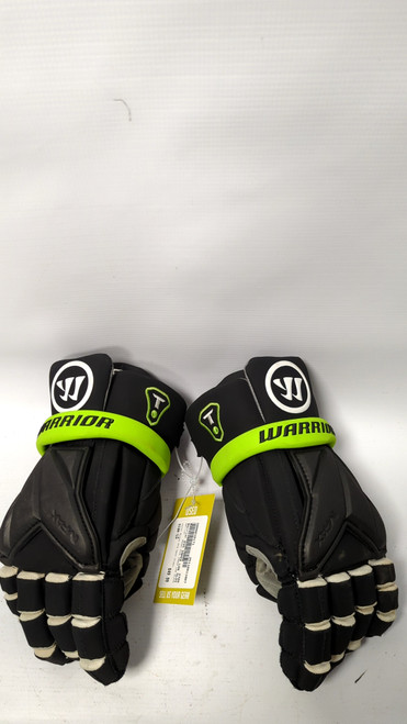 Vist Large View of Product Image Which is Used Warrior EVO IMPEX LAX GLOVE Lacrosse Gloves Mens Black And Neon Green LG