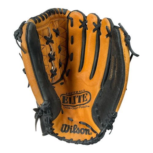 Vist Large View of Product Image Which is Used Wilson ELITE RH Throw Fastpitch Gloves Brown 14"