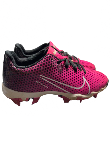 Vist Large View of Product Image Which is Used Nike NIKE HYPERDIAMOND 4 SOFTBALL CLEAT BB/SB Cleats Black And Pink Junior 02.5