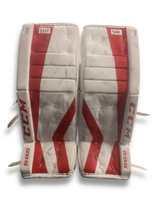 Vist Large View of Product Image Which is Used CCM REVOLUTION 595 Goalie Leg Pads Senior White/Red 32+1”