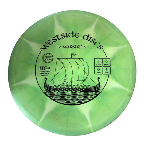 Vist Large View of Product Image Which is Used Westside WARSHIP Disc Golf Mid Range Green