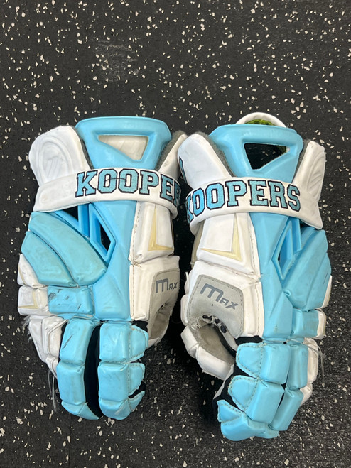 Vist Large View of Product Image Which is Used Maverik MAX Lacrosse Gloves Mens White And Carolina Blue 12"