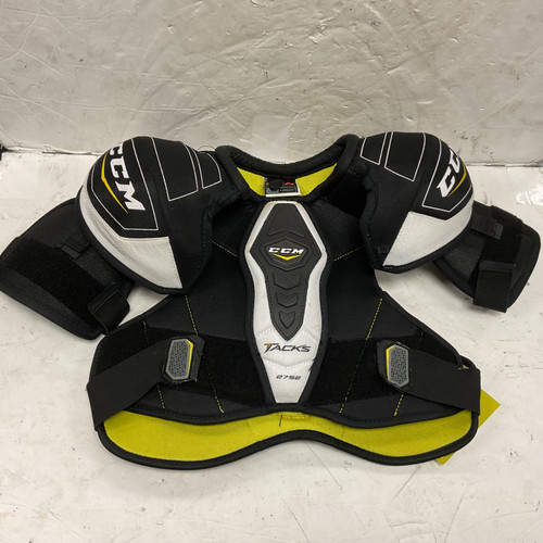 Vist Large View of Product Image Which is Used CCM TACKS 2752 Junior Shoulder Pads White/Black/Yellow LG