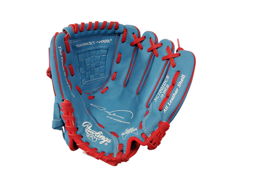 Vist Large View of Product Image Which is Used Rawlings SURE CATCH DEGROM BB/SB Glove RH Throw Carolina Blue 10"