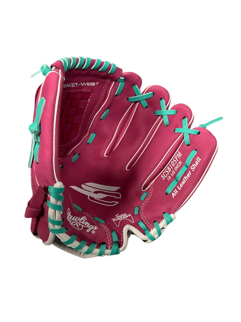 Vist Large View of Product Image Which is Used Rawlings SURE CATCH FP RH Throw Fastpitch Gloves Pink 10 1/2"