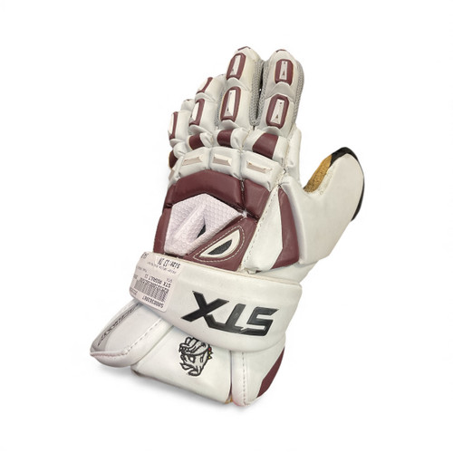 Vist Large View of Product Image Which is Used STX ASSAULT 13 Lacrosse Gloves Mens White And Maroon 13"