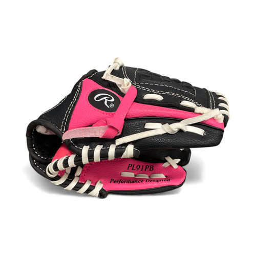 Vist Large View of Product Image Which is Used Rawlings PL91PB BB/SB Glove RH Throw Black And Pink 9"