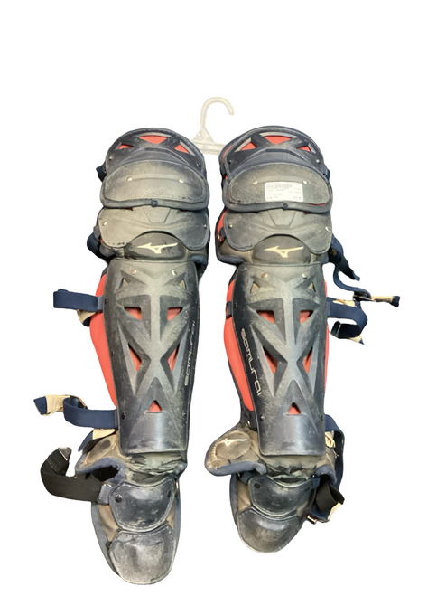 Vist Large View of Product Image Which is Used Mizuno SAMURAI Catchers Leg Guards Navy Blue Youth