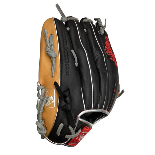 Vist Large View of Product Image Which is Used Rawlings R9 SERIES BB/SB Glove RH Throw Black And Orange 12"