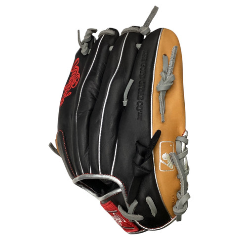 Vist Large View of Product Image Which is Used Rawlings R9 SERIES BB/SB Glove LH Throw Black And Orange 12"