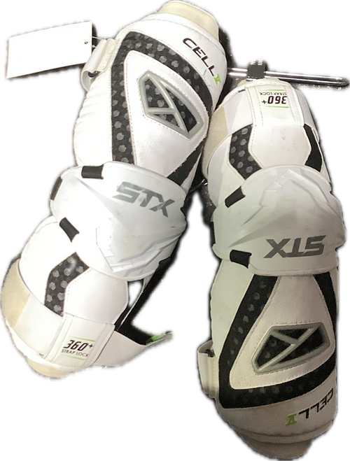 Vist Large View of Product Image Which is Used STX CELL V Lacrosse Arm Pads/Guards White LG