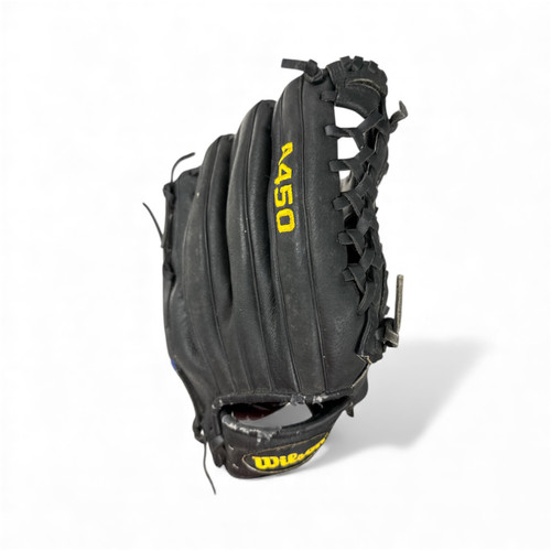 Vist Large View of Product Image Which is Used Wilson A450 BB/SB Glove RH Throw Black 12"