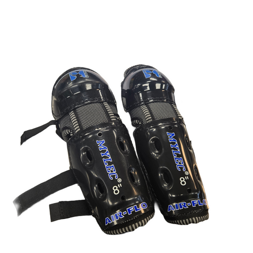 Vist Large View of Product Image Which is Used Mylec AIR-FLO Senior Shin Guards Black 8"