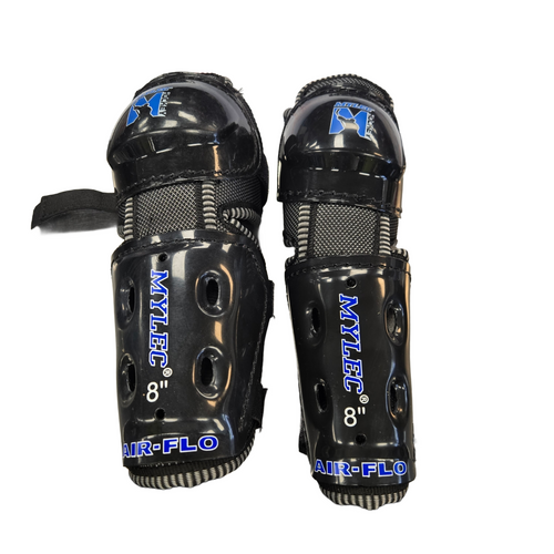 Vist Large View of Product Image Which is Used Mylec AIR-FLO Senior Shin Guards Black 8"