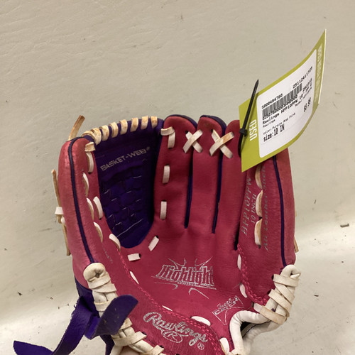 Vist Large View of Product Image Which is Used Rawlings HFP10PPW RH Throw Fastpitch Gloves Purple And Pink 10"