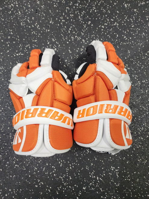 Vist Large View of Product Image Which is Used Warrior MAC D LITE Lacrosse Gloves Mens Orange And White 13"