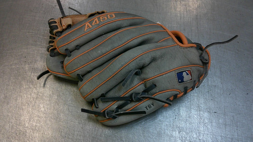 Vist Large View of Product Image Which is Used Wilson A450 BB/SB Glove RH Throw Orange 11 1/2"