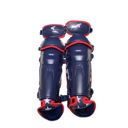 Vist Large View of Product Image Which is Used Easton BLACK MAGIC MEDIUM Catchers Leg Guards White/Red/Navy Youth