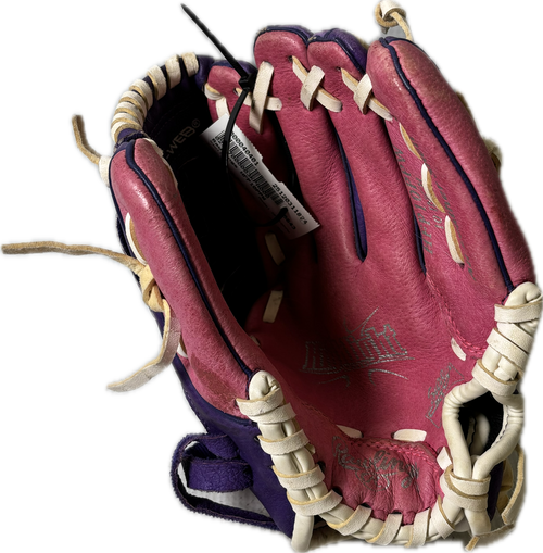 Vist Large View of Product Image Which is Used Rawlings HFP10PPW BB/SB Glove RH Throw Purple And Pink 10"