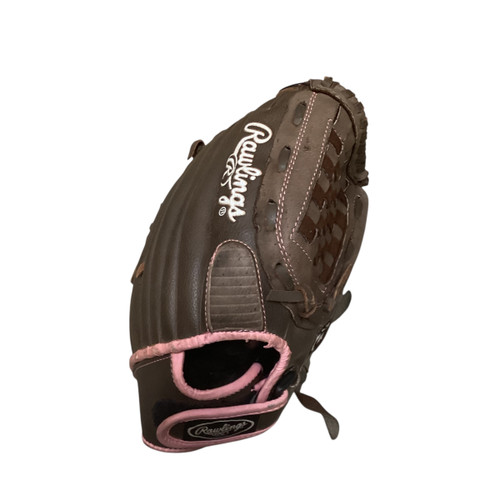 Vist Large View of Product Image Which is Used Rawlings FASTPITCH RH Throw Fastpitch Gloves Purple 12"