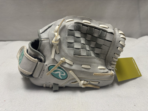 Vist Large View of Product Image Which is Used Rawlings SCB115M RH Throw Fastpitch Gloves Silver 11 1/2"