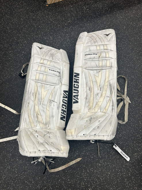 Vist Large View of Product Image Which is Used Vaughn VELOCITY V5 7470 Goalie Leg Pads Senior White 33"