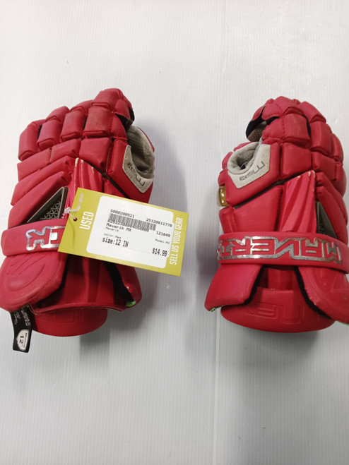 Vist Large View of Product Image Which is Used Maverik MX Lacrosse Gloves Junior Red 12"