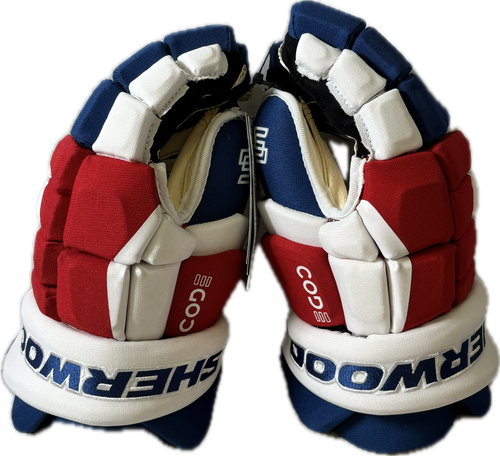Vist Large View of Product Image Which is Used Sher-wood CODE NHL TEAMSTOCK Senior Gloves White/Red/Navy 15"