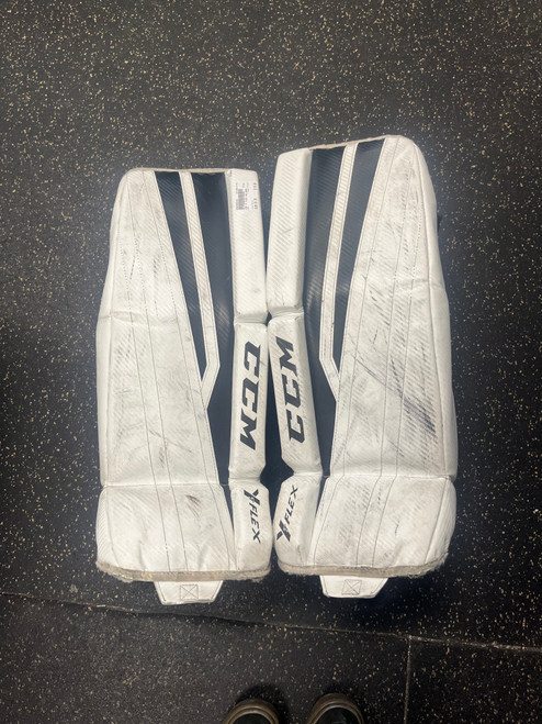 Vist Large View of Product Image Which is Used CCM YT FLEX Goalie Leg Pads Youth White 24"