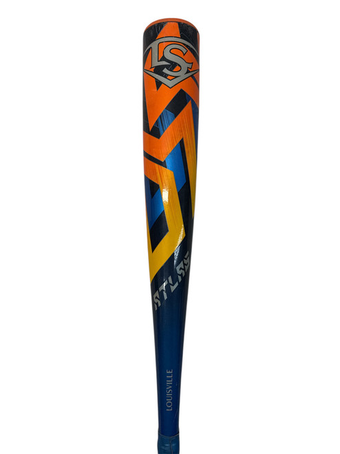 Vist Large View of Product Image Which is Used 2024 Louisville Slugger Atlas 29/26 -3 BBCOR Bat - Navy Blue and Orange