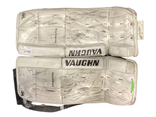 Vist Large View of Product Image Which is Used Vaughn VELOCITY V5 Goalie Leg Pads Youth White 24 1/2"