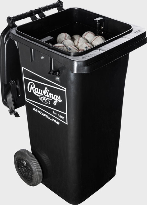 Vist Large View of Product Image Which is Batting practice and storing balls has never been easier thanks to the Rawlings Rolling Ball Bin! With a thin, garbage bin-like design and wheels, this ball bin is perfect for hauling out to the field to get your batters all the live repetitions they need. Not only is it convenient to push around, but its spring-loaded basket allows coaches to easily grab and throw balls during batting practice sessions, saving your back from having to do too much work! Its wide space and locking mechanism make it perfect for safely storing baseballs and keeping your storage nice and tidy. Get the most out of your next practice sessions thanks to the Rawlings Rolling Ball Bin! 