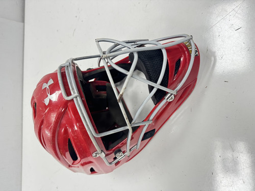 Vist Large View of Product Image Which is Used Under Armour 6 1/4-7 Catchers Helmet w/Mask Red One Size