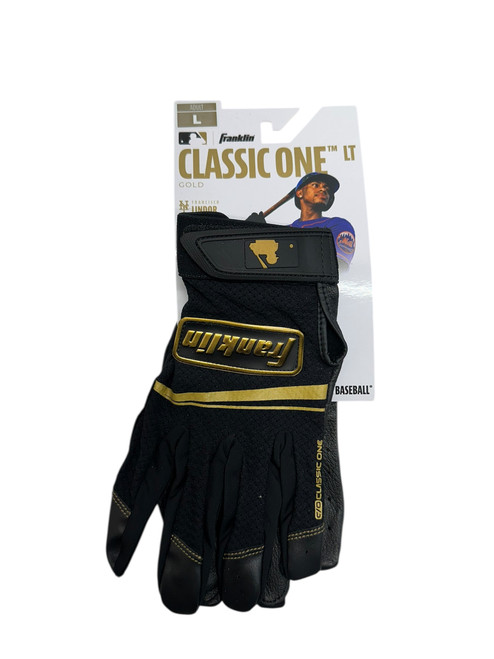 Vist Large View of Product Image Which is Used Franklin BB/SB Batting Gloves Black And Gold LG