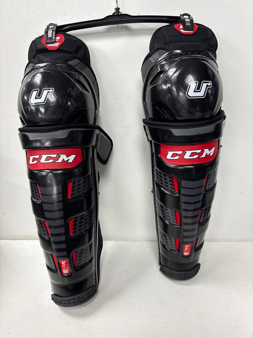 Vist Large View of Product Image Which is Used CCM U+ 12 Senior Shin Guards Black 16"