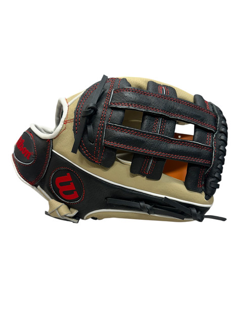 Vist Large View of Product Image Which is New Wilson AO4RB2412 BB/SB Glove RH Throw Black And Tan 12"