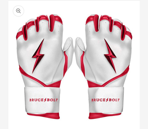 Vist Large View of Product Image Which is New ADULT RED PREMIUM PRO CHROME SERIES LONG CUFF BATTING GLOVE BRUCE BOLT