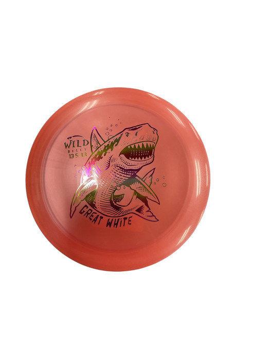 Vist Large View of Product Image Which is Used WILD DISCS GREAT WHITE Disc Golf Driver Pink