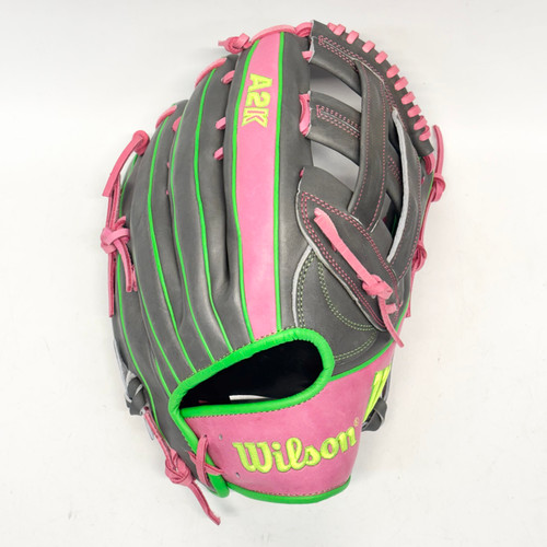 Vist Large View of Product Image Which is Used Wilson A2K 1750 BB/SB Glove RH Throw Graphite And Pink 12 1/2"