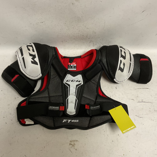 Vist Large View of Product Image Which is Used CCM JETSPEED FT455 Senior Shoulder Pads Black And White SM